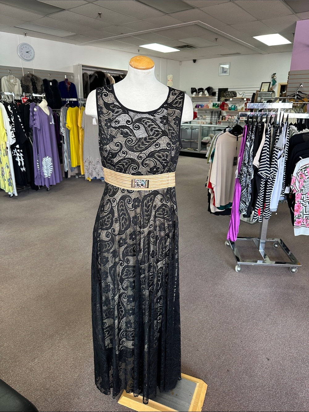 Black Lace Maxi Dress with Beige Belt - Sleeveless Evening Gown